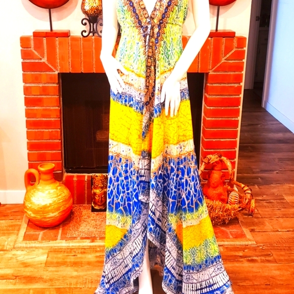*LAST ONE**MANISH VAID-SILK Geo Prt. Hi-Lo Dress w/Cry.Emb.-NWT-O/S - Picture 2 of 8